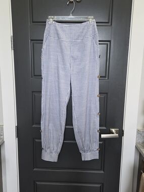 ZoLucky Brand Blue & White Striped Side-Button Pants